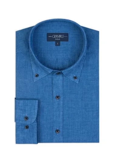 Germirli Albini Cobalt Blue Button-down Collar Tailor Fit Pure Linen Shirt - 2