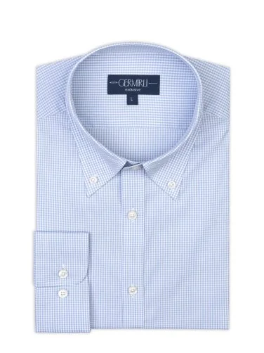 Germirli Albini Exclusive Blue Gingham Piumino 120 Tailor Fit Cotton Shirt - 2