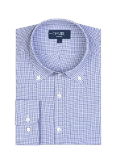 Germirli Albini Exclusive Navy Blue Gingham Patterned Button-down Collar Tailor Fit Cotton Shirt - 1