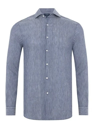 Germirli Albini Indigo White Striped Nevapas Lapel Collar Linen Lyocell Shirt - 3