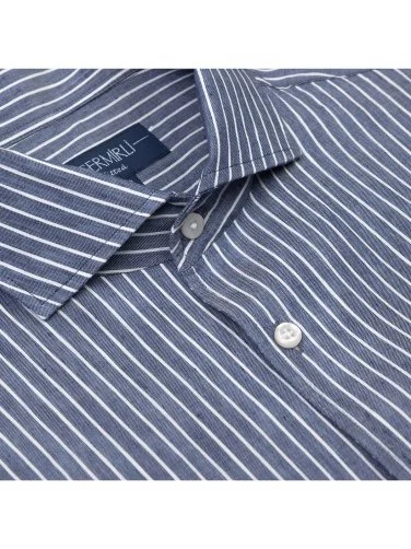 Germirli Albini Indigo White Striped Nevapas Lapel Collar Linen Lyocell Shirt - 8