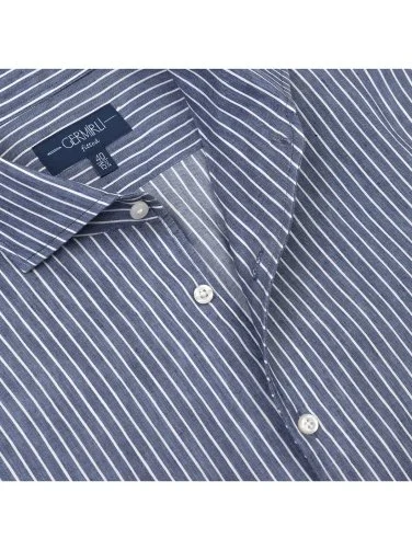Germirli Albini Indigo White Striped Nevapas Lapel Collar Linen Lyocell Shirt - 1
