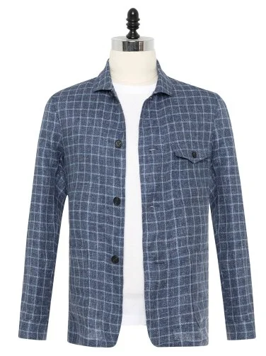 Germirli Albini Navy Blue Checkered Beyoğlu Linen Jacket Shirt - 1