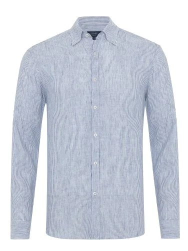 Germirli Albini Navy Blue White Striped Button-down Collar Pure Linen Shirt - 1