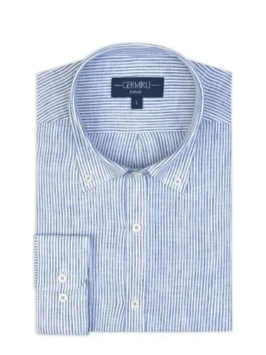 Germirli Albini Navy Blue White Striped Button-down Collar Pure Linen Shirt - 2