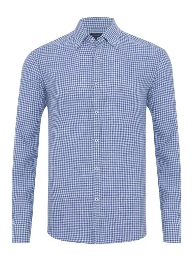 Germirli Albini Navy Blue White Gingham Button-down Collar Tailor Fit Delave Linen Shirt - 1