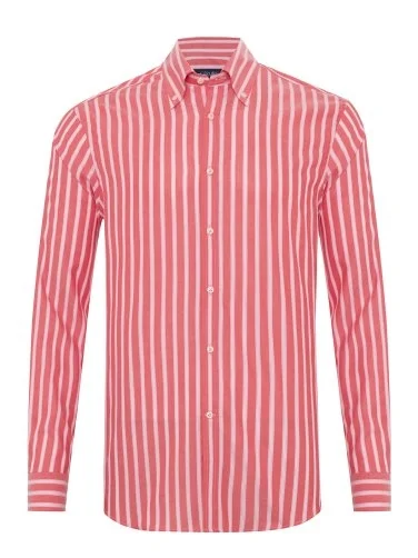 Germirli Albini Red Pink Striped Button-down Collar Cotton Exclusive Shirt - 1