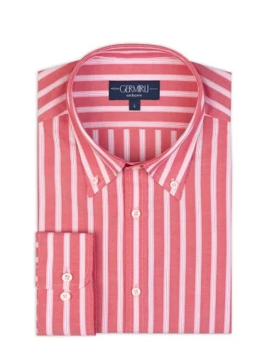 Germirli Albini Red Pink Striped Button-down Collar Cotton Exclusive Shirt - 2