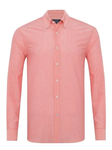 Germirli Albini Salmon Color Striped Button-down Collar Tailor Fit Cotton Shirt - 1