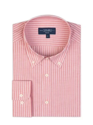 Germirli Albini Salmon Color Striped Button-down Collar Tailor Fit Cotton Shirt - 2
