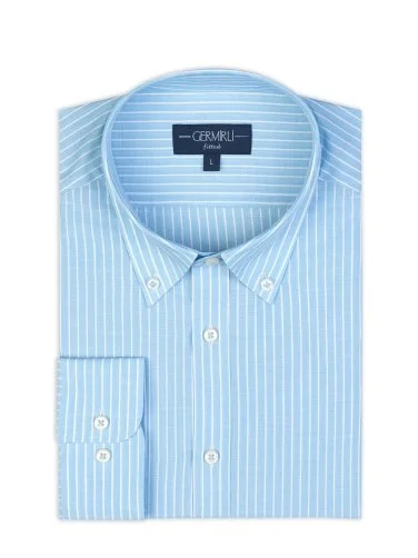 Germirli Albini Turquoise Striped Button-Down Collar Tailor Fit Cotton Shirt - 2
