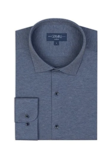 Germirli Aviator Blue Melange Albini Active 4Flex Soft Collar Slim Fit Shirt - 2