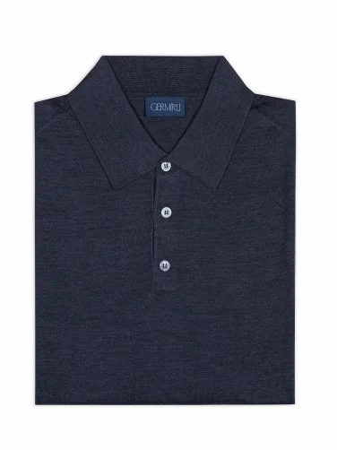 Germirli Aviator Blue Buttoned Polo Collar Regular Fit Extra Fine Wool Men's Sweater - 2