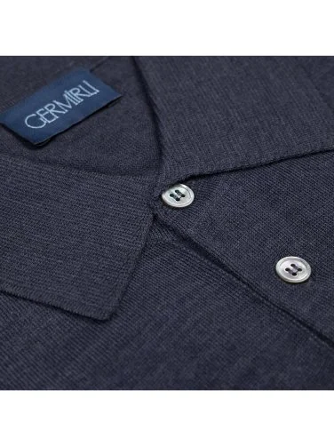 Germirli Aviator Blue Buttoned Polo Collar Regular Fit Extra Fine Wool Men's Sweater - 3