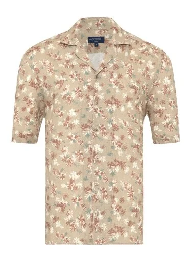 Beige Albiate Tropical Floral Patterned Hawaiian Collar Short Sleeve Linen Shirt with Germirli Pattern - 1