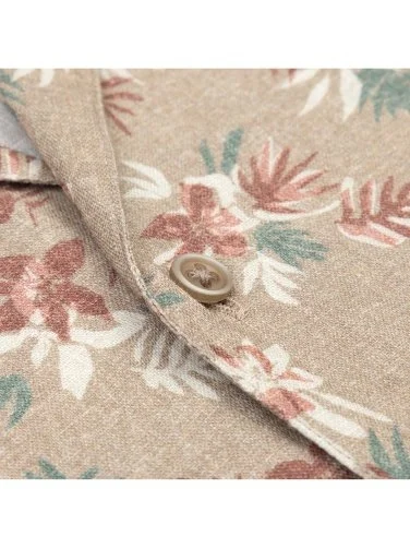 Beige Albiate Tropical Floral Patterned Hawaiian Collar Short Sleeve Linen Shirt with Germirli Pattern - 3