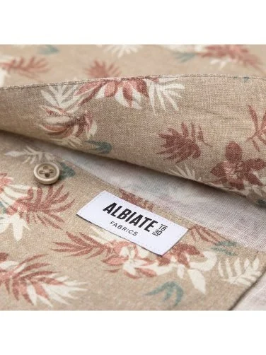 Beige Albiate Tropical Floral Patterned Hawaiian Collar Short Sleeve Linen Shirt with Germirli Pattern - 4