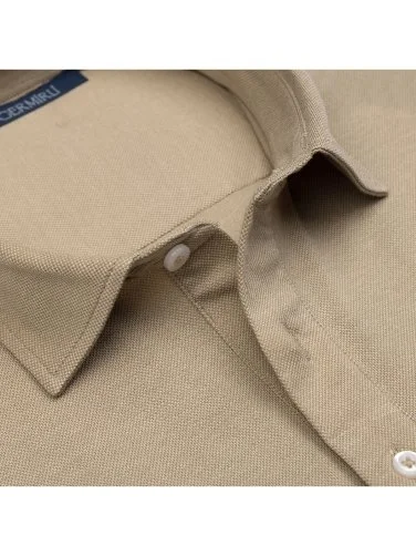 Beige Piquet Shirt Collar Regular Fit Mercerized Cotton Tencel T-Shirt with Germirli - 3