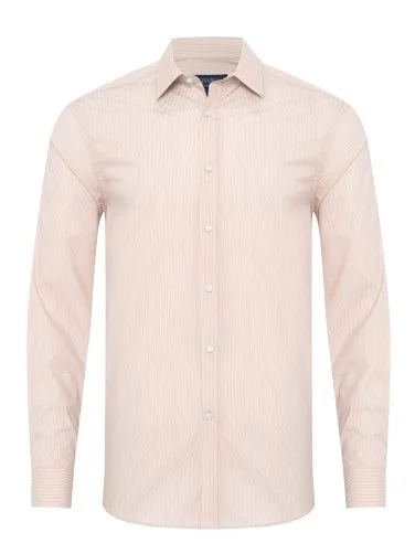 Beige White Striped Soft Collar Tailor Fit Shirt with Germirli - 1