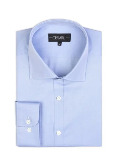 Germirli Black Label Blue Twill Texture Tailor Fit Classic Collar Thomas Mason Sea Island Cotton Shirt - 2