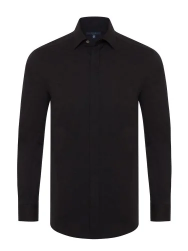 Germirli Black Poplin Classic Collar Tailor Fit Hidden Placket Cotton Elastane Shirt - 1