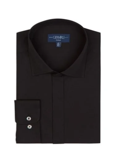 Germirli Black Poplin Classic Collar Tailor Fit Hidden Placket Cotton Elastane Shirt - 2