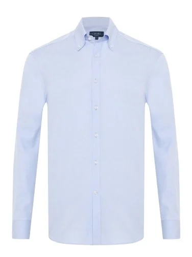 Germirli Blue Exclusive Herringbone Texture Button-down Collar Tailor Fit Cotton Shirt - 1