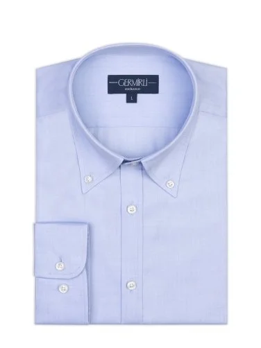 Germirli Blue Exclusive Herringbone Texture Button-down Collar Tailor Fit Cotton Shirt - 2