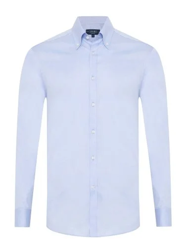 Germirli Blue Exclusive Panama Texture Button-down Collar Tailor Fit Cotton Shirt - 1