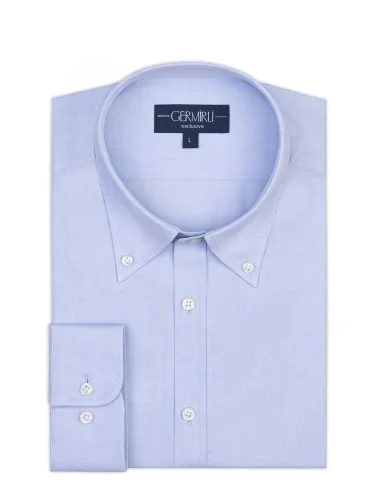 Germirli Blue Exclusive Panama Texture Button-down Collar Tailor Fit Cotton Shirt - 2