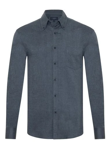 Germirli Blue Grey Herringbone Pattern Albini Cotton Lyocell Tencel Tailor Fit Flannel Shirt - 1