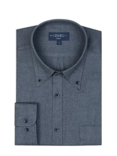 Germirli Blue Grey Herringbone Pattern Albini Cotton Lyocell Tencel Tailor Fit Flannel Shirt - 2
