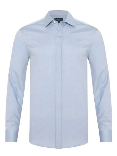 Germirli Blue Hidden Placket Soft Collar Tailor Fit Diagonal Pattern Cotton Shirt - 1