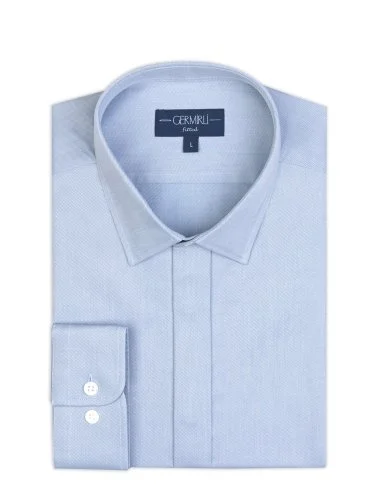 Germirli Blue Hidden Placket Soft Collar Tailor Fit Diagonal Pattern Cotton Shirt - 2