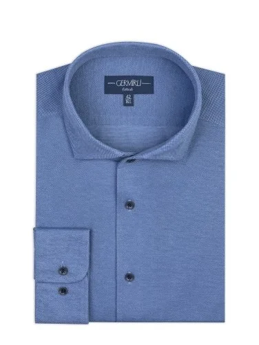 Germirli Blue Knitted Fabric Lapel Collar Tailor Fit Cotton Shirt - 3