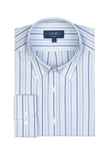 Germirli Blue Navy Striped Button-down Collar Pocket Tailor Fit Cotton Shirt - 2