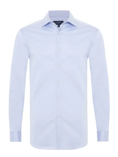 Germirli Blue Plain Tailor Fit Relaxed Fit Satin Textured Cotton Non Iron Shirt - 2