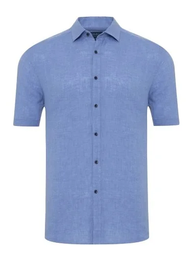 Germirli Blue Soft Collar Tailor Fit Short Sleeve Linen Shirt - 1
