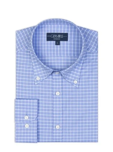 Germirli Blue Square Patterned Albini Relax Formula Tailor Fit Pure Cotton Exclusive Shirt - 2