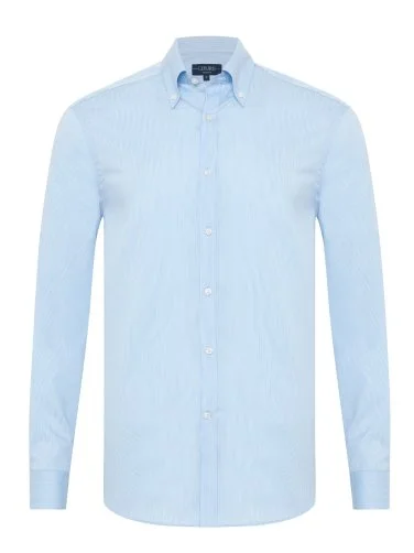 Exclusive Button-down Collar Tailor Fit Cotton Shirt with Germirli Blue Stripes - 1