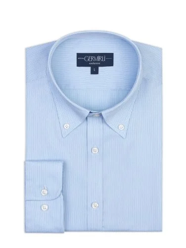 Exclusive Button-down Collar Tailor Fit Cotton Shirt with Germirli Blue Stripes - 2
