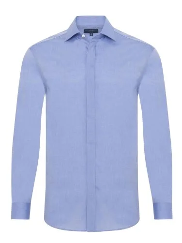 Germirli Blue Tailor Fit Hidden Placket Classic Collar 70/1 Cotton Shirt - 1