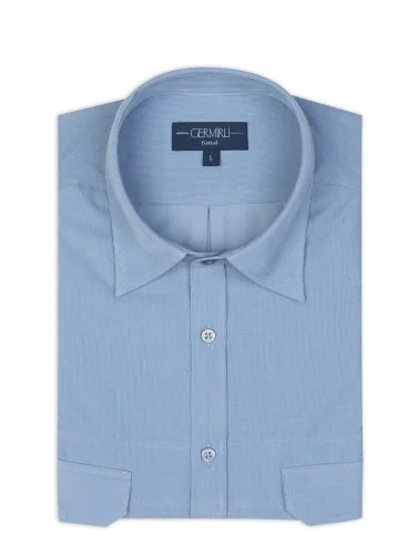 Germirli Blue Thin Velvet Soft Collar Albini Tailor Fit Utility Pure Cotton Shirt - 2