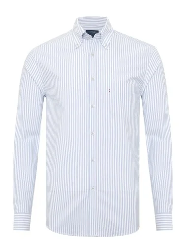 Germirli Blue White Striped Button-Down Collar Pocket Tailor Fit Oxford Sport Shirt - 1