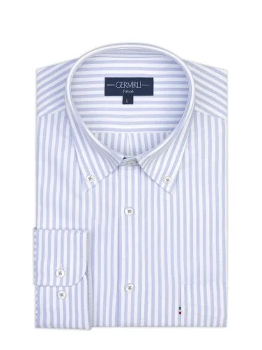 Germirli Blue White Striped Button-Down Collar Pocket Tailor Fit Oxford Sport Shirt - 2