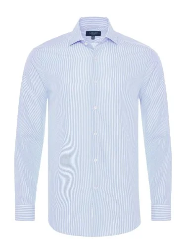 Germirli Blue White Striped Tailor Fit 120/2 Journey Twill Non Iron Cotton Italian Collar Shirt - 3