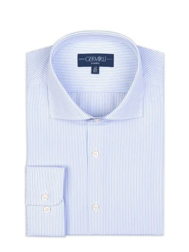 Germirli Blue White Striped Tailor Fit 120/2 Journey Twill Non Iron Cotton Italian Collar Shirt - 1