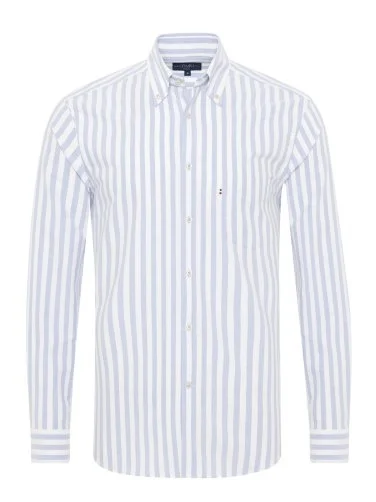 Germirli Blue White Striped Tailor Fit Relaxed Fit Button Down Collar Sports Oxford Cotton Shirt - 1