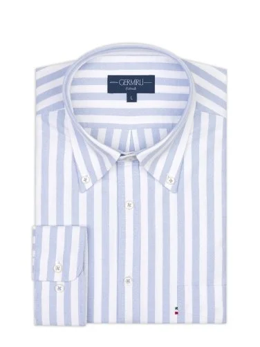 Germirli Blue White Striped Tailor Fit Relaxed Fit Button Down Collar Sports Oxford Cotton Shirt - 2
