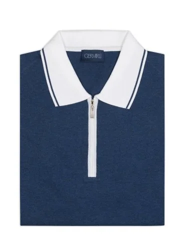 Germirli Blue Zippered Polo Collar Cotton Regular Fit Sweater - 2